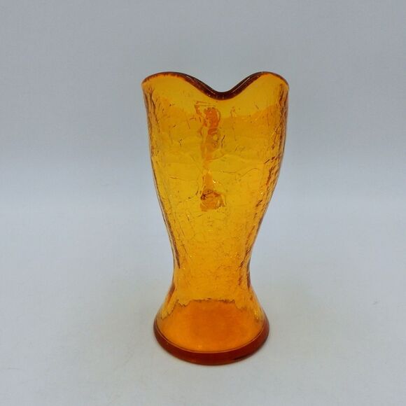 Crackle Glass Mini Pitcher Creamer Hand Blown 6 Inch Amber Applied Handle - Picture 2 of 9